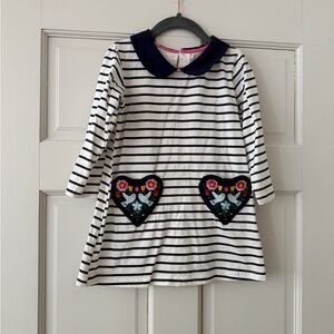 Girls Navy 4T Stripe Dress with Floral Appliqué Heart Pockets